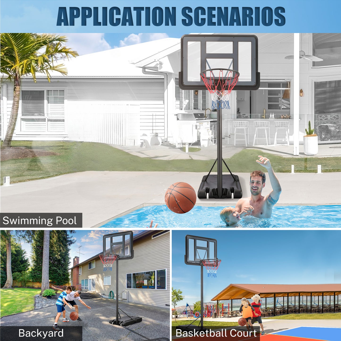 Portable Basketball Hoop Outdoor on Clearance, SEGMART Height Adjustable Swimming Pool Basketball Hoop Goal System with 44 inch PE Backboard for Kids Youth Adults Play in Backyard/Courts/Indoor