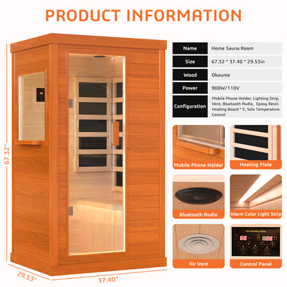 Segmart Home Sauna, Far Infrared Sauna for 1 Person, 900W Low EMF Infrared Okoume Wood Sauna with Tablet Stand, Bluetooth Speakers, Ambient Lights, Time and Temp Adjustable