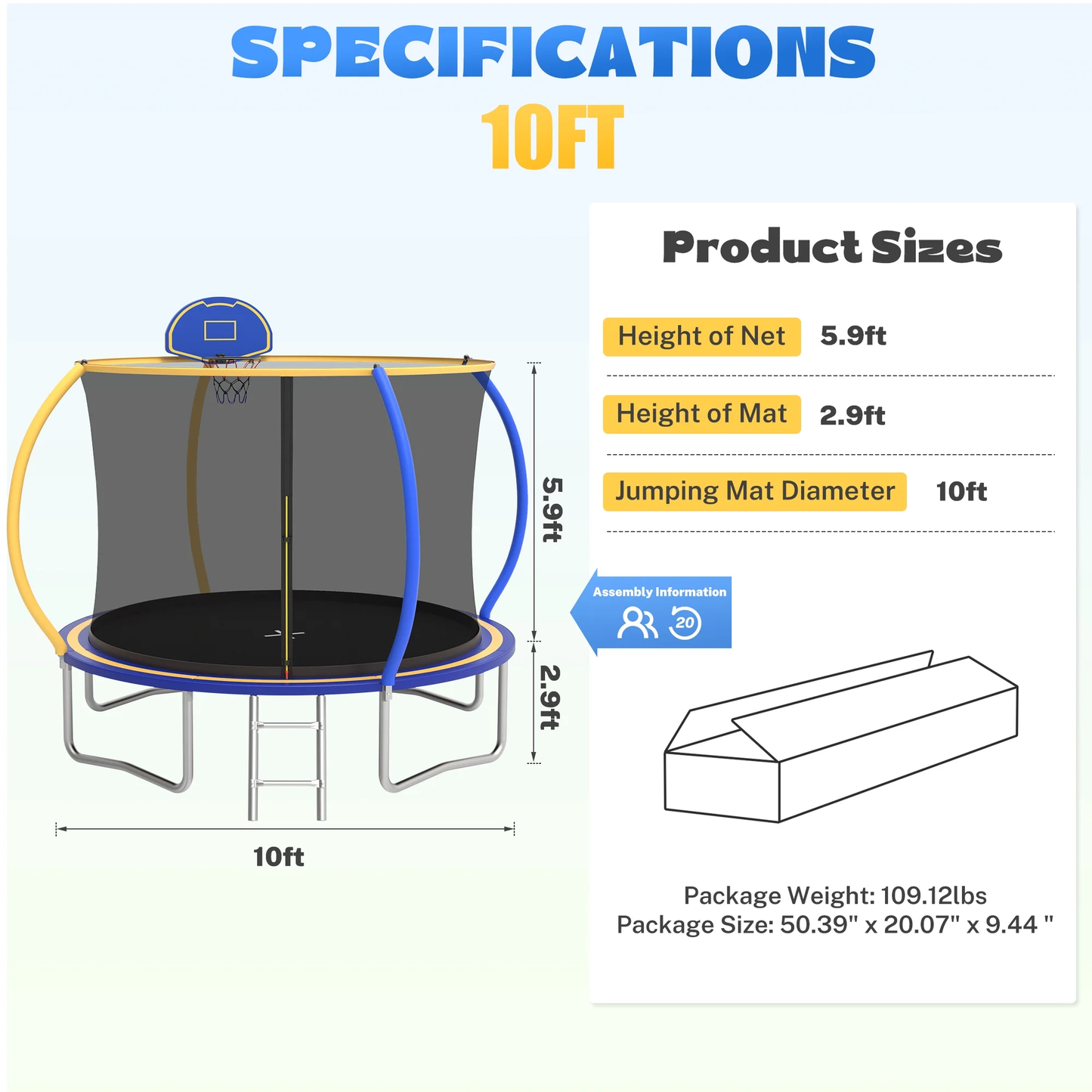 Segmart 10FT Trampoline with Enclosure Net & Basketball Hoop, Heavy Duty