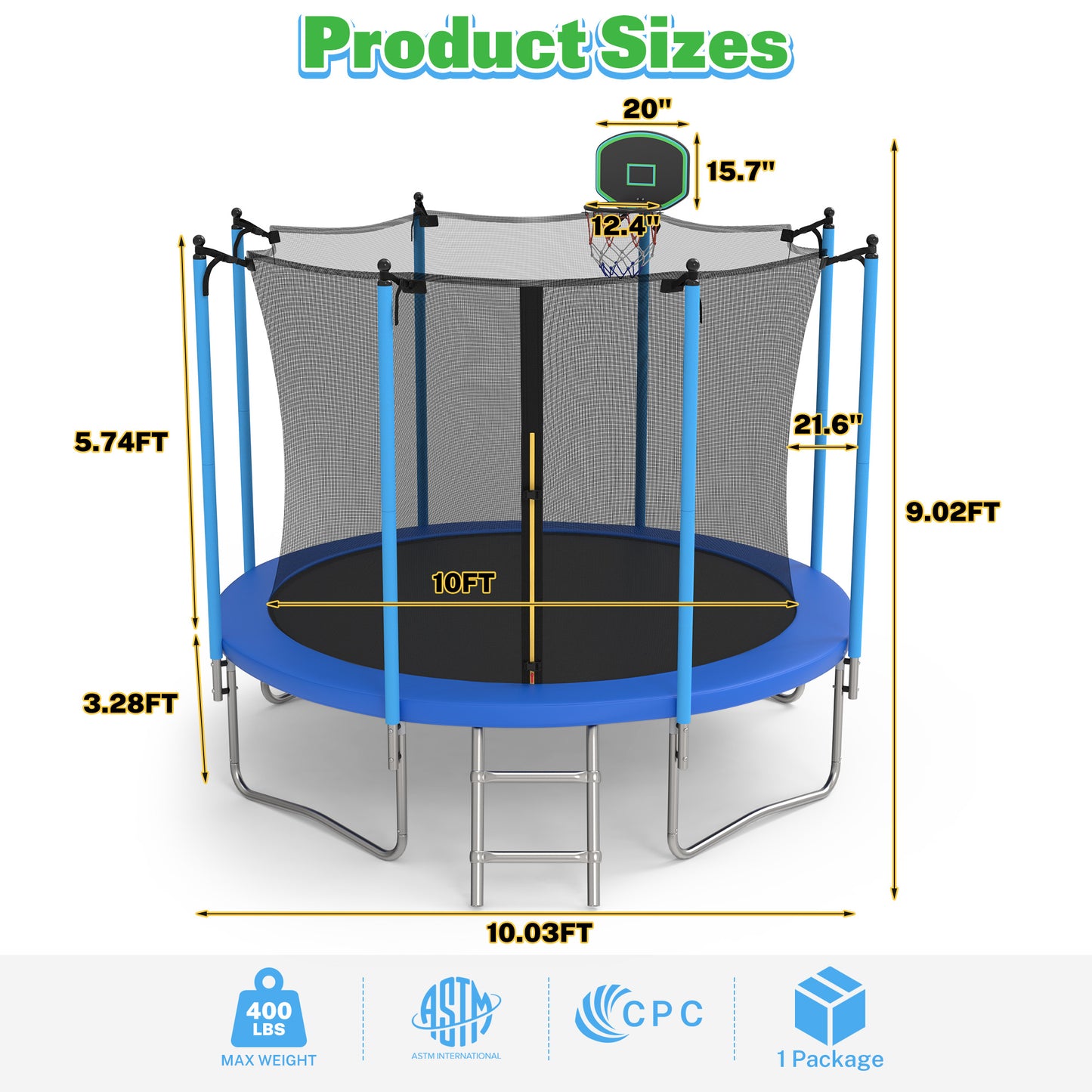 10FT Trampoline with Basketball Hoop for Kids and Adults, SEGMART Round Backyard Trampoline with Enclosure, Heavy Duty Recreational Outdoor Trampoline with Ladder and AntiRust Coating, Blue