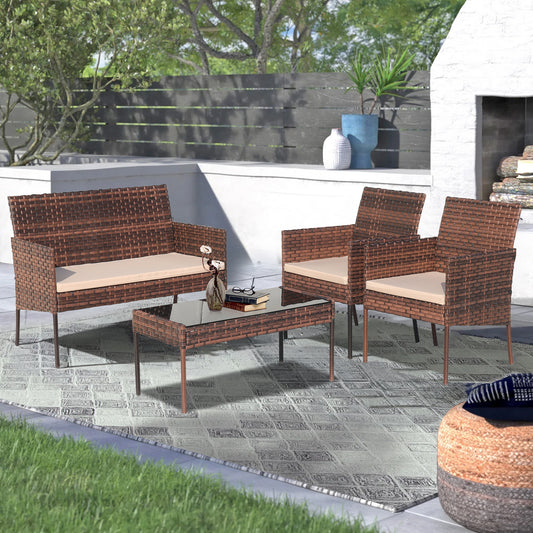 Segmart 4PCS Patio Set, Outdoor Rattan Wicker Conversation Sofa Set with Cushions, All-weather Patio Furniture Set for Porch Backyard Balcony, Brown