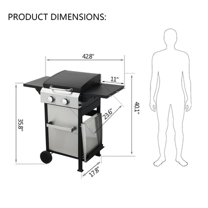 2 Burner Propane Gas Grill and Griddle Combo, Propane BBQ Grill with Foldable Side Table, Hanging Basket, and Tool Hooks for Backyard Camping Cooking, 2 in 1, 24,600BTU Output