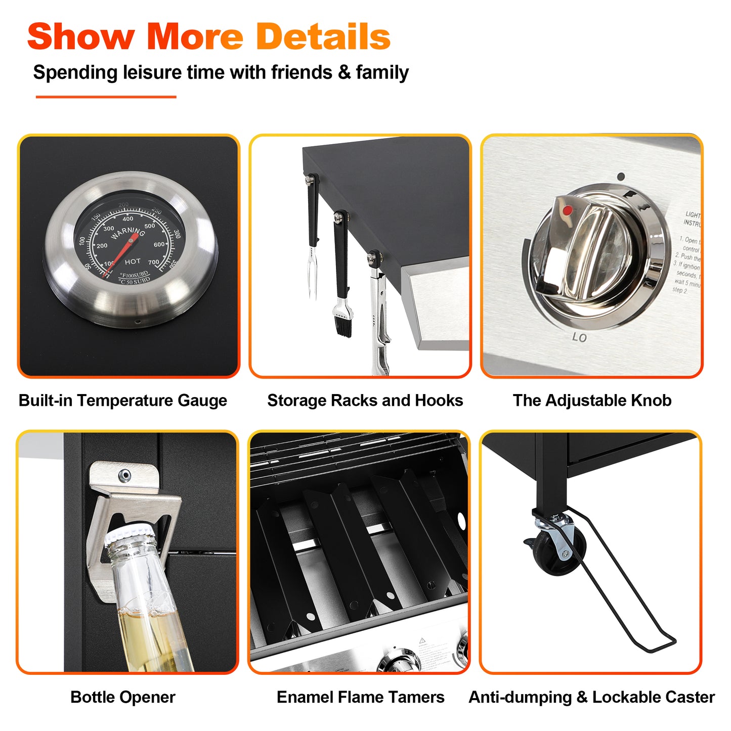 3-Burner Propane Gas Grill with Side Burner, Gas BBQ Grill with Thermometer, Bottle Opener, and Tool Hooks, 40000 BTU Output, Fit for Patio Camping Outdoor Cooking