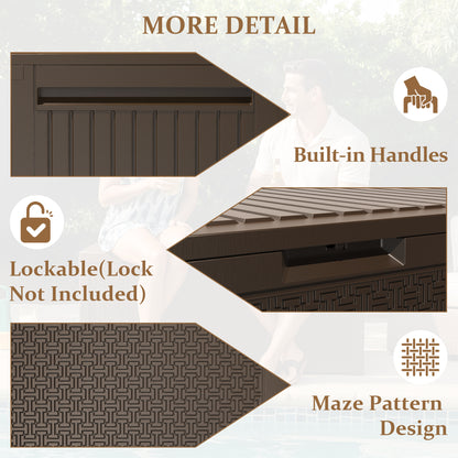 75 Gallon Resin Deck Box, Outdoor Lockable Storage Container for Patio Cushions, Garden Tools, Pool Supplies, Toys, Waterproof and UV Resistant, Brown