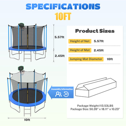 Segmart 10FT Kids Trampoline with Safety Enclosure Net, Ladder & Basketball Hoop