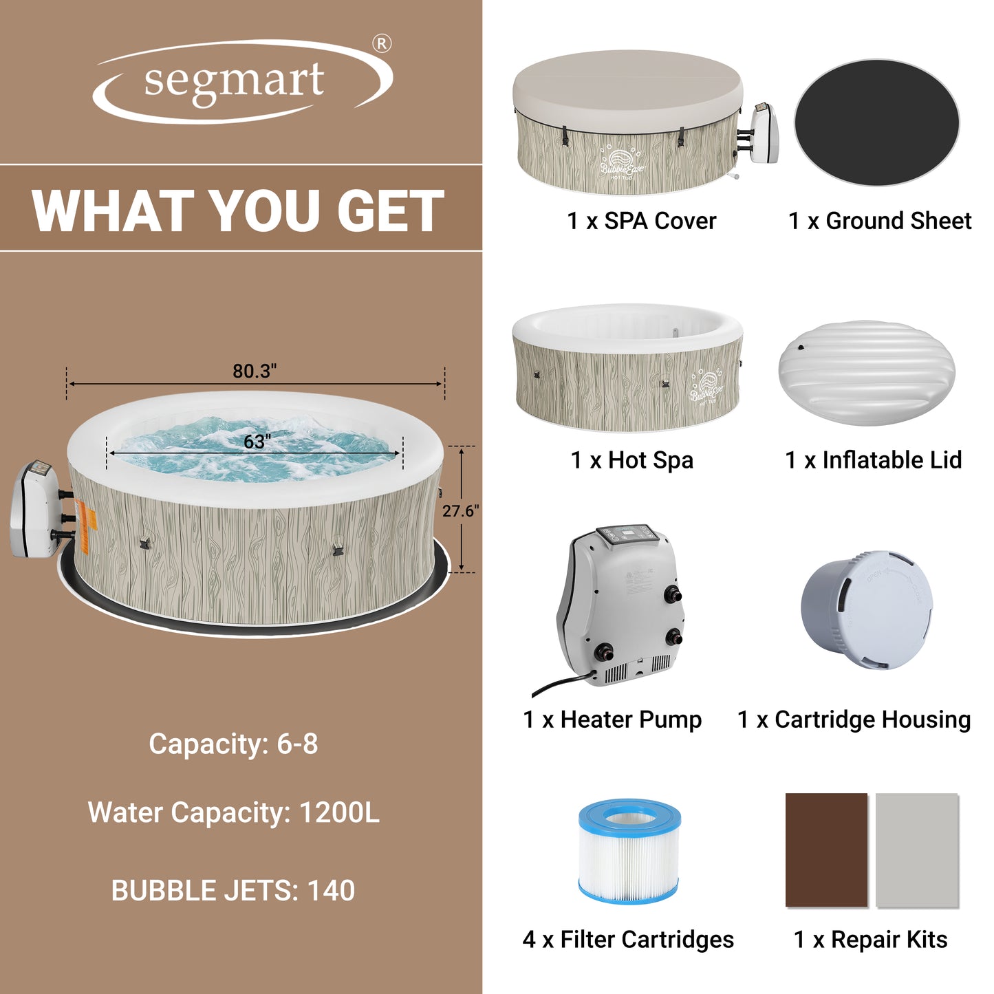 Segmart 6-8 Person Inflatable Hot Tub, 80-inch Round Outdoor Portable Spa with 140 Bubble Jets, Heating & Filtration System, 104°F Max Temp, Backyard Blow Up Hot Tub with Cover, Easy-Setup