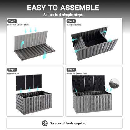 180 Gallon Resin Deck Box, Outdoor Lockable Storage Container for Patio Cushions, Garden Tools, Pool Supplies, Toys, Water Resistant and UV Resistant, Reinforced Rib Design, Built-in Wheels, Gray