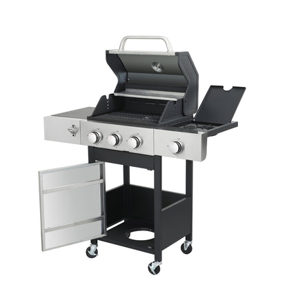 3-Burner Gas Grill with Side Burner, 37230 BTU Propane BBQ Grill with Porcelain-Enameled Cast Iron Grates, Build in Thermometer, Ideal for Patio Camping Outdoor Cooking