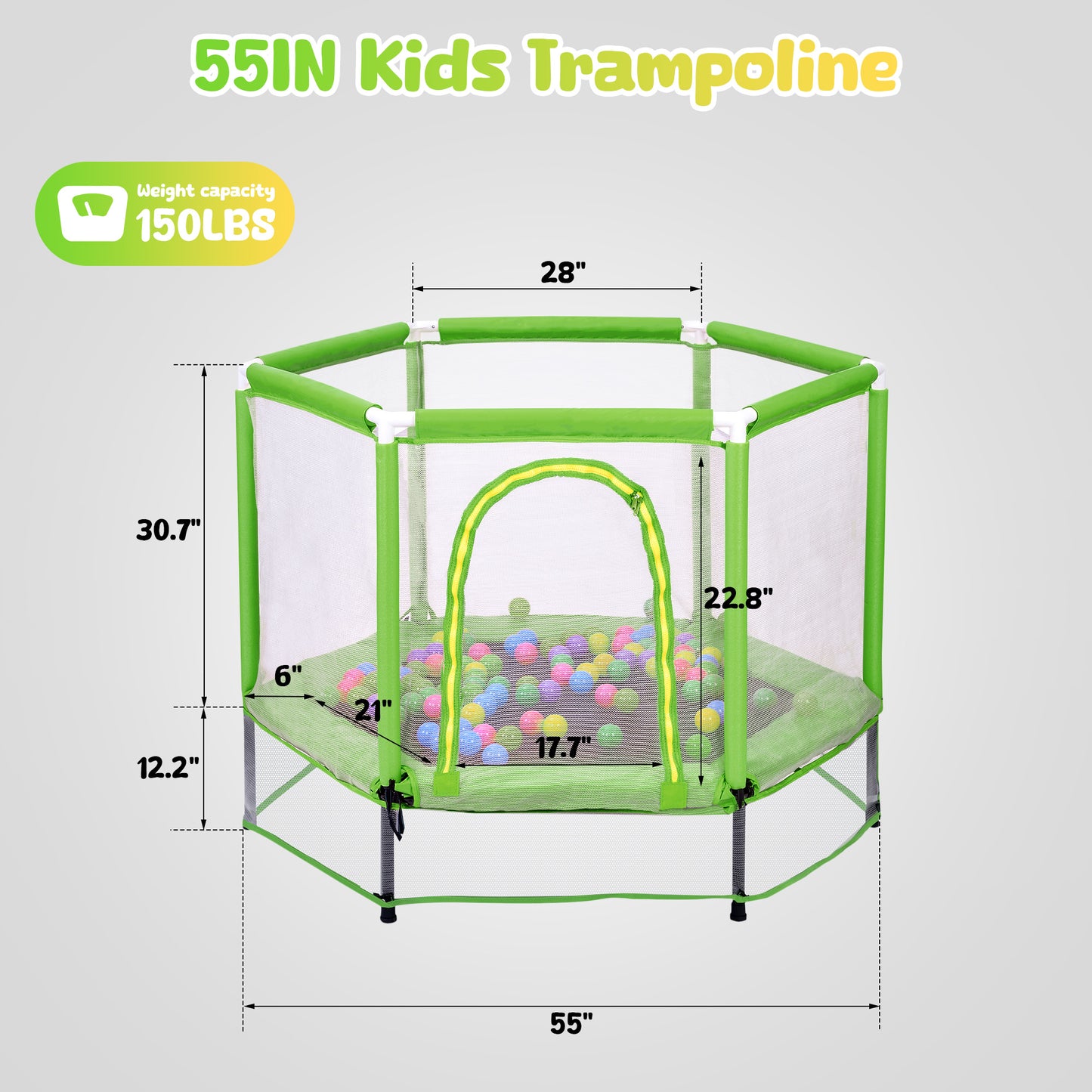 55'' Toddler Trampoline for Kids, SEGMART Kids Trampoline with Enclosure Net and Balls, Indoor Outdoor Mini Small Trampoline Birthday Gifts for Boy and Girls Age 3 Months and up, Green