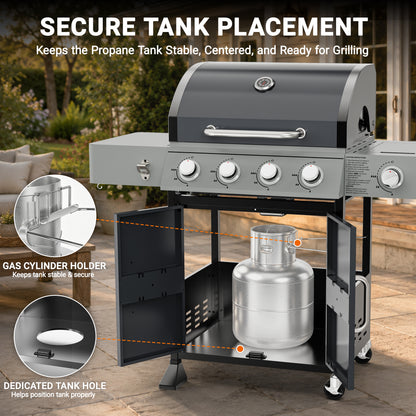4-Burner Gas Grill with Side Burner, 51,000 BTU Propane BBQ Grill with Porcelain-Enameled Cast Iron Grates, Built-in Thermometer, Ideal for Patio Camping Outdoor Cooking