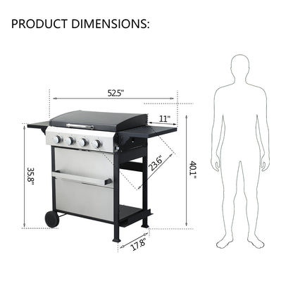 2 in 1 Propane Gas Grill and Griddle Combo, 4 Burner Griddle Grill Combo with Folding Side Tables & Hanging Basket, 49,200BTU Stainless Steel Propane Grill for Outdoor Cooking