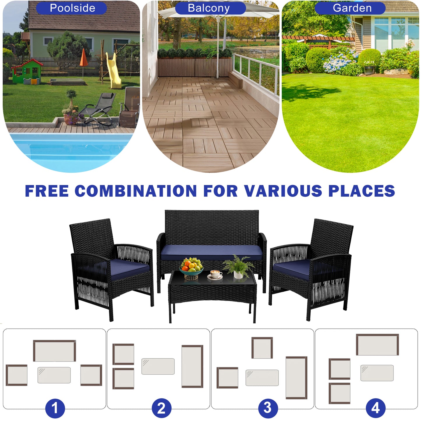 Patio Furniture Set on Sale, 4 Pieces Outdoor Rattan Conversation Sofa Set, All-Weather Wicker Patio Sets, Cushioned Sofa and Coffee Table for Garden Deck Courtyard, Nevy