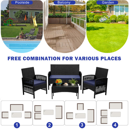 Patio Furniture Set on Sale, 4 Pieces Outdoor Rattan Conversation Sofa Set, All-Weather Wicker Patio Sets, Cushioned Sofa and Coffee Table for Garden Deck Courtyard, Nevy