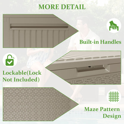 90 Gallon Resin Deck Box, Outdoor Lockable Storage Container for Patio Cushions, Garden Tools, Pool Supplies, Toys, Water Resistant and UV Resistant, Holds up to 485lbs, Light Brown