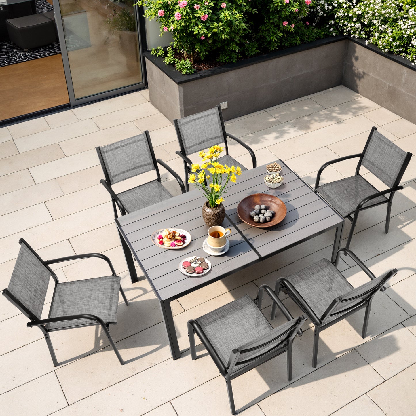 Patio Dining Set, 7PCS Outdoor Plastic-Wood Table & Textilene Chairs Set, Outdoor Furniture Dining Table Set, Garden Porch Backyard Poolside Sectional Conversation Set
