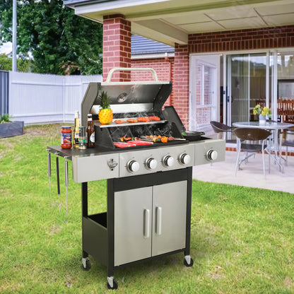 4-Burner Propane Gas Grill with Side Burner, Gas BBQ Grill with Thermometer, Bottle Opener, and Tool Hooks, 46,790 BTU Output, Combining a Grilling Grate With a Griddle Tray