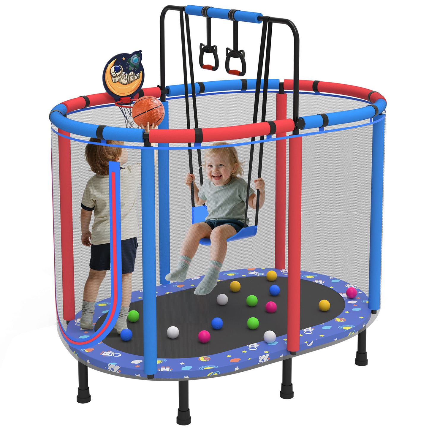 60" Toddler Trampoline with Safety Enclosure Net, SEGMART Upgraded Kids Trampoline with Basketball Hoop, Swing, Rings, Balls, Indoor Outdoor Mini Trampoline Birthday Gift for Kids Ages 3-9