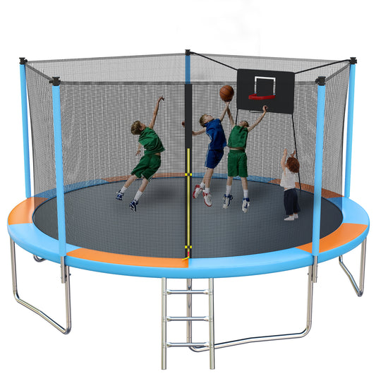 14FT Trampoline for Adults Kids, SEGMART Upgraded Round Recreational Trampoline with Basketball Hoop, Outdoor Heavy Duty Backyard Trampoline with Enclosure Net for Indoor Outdoor Backyard, Blue