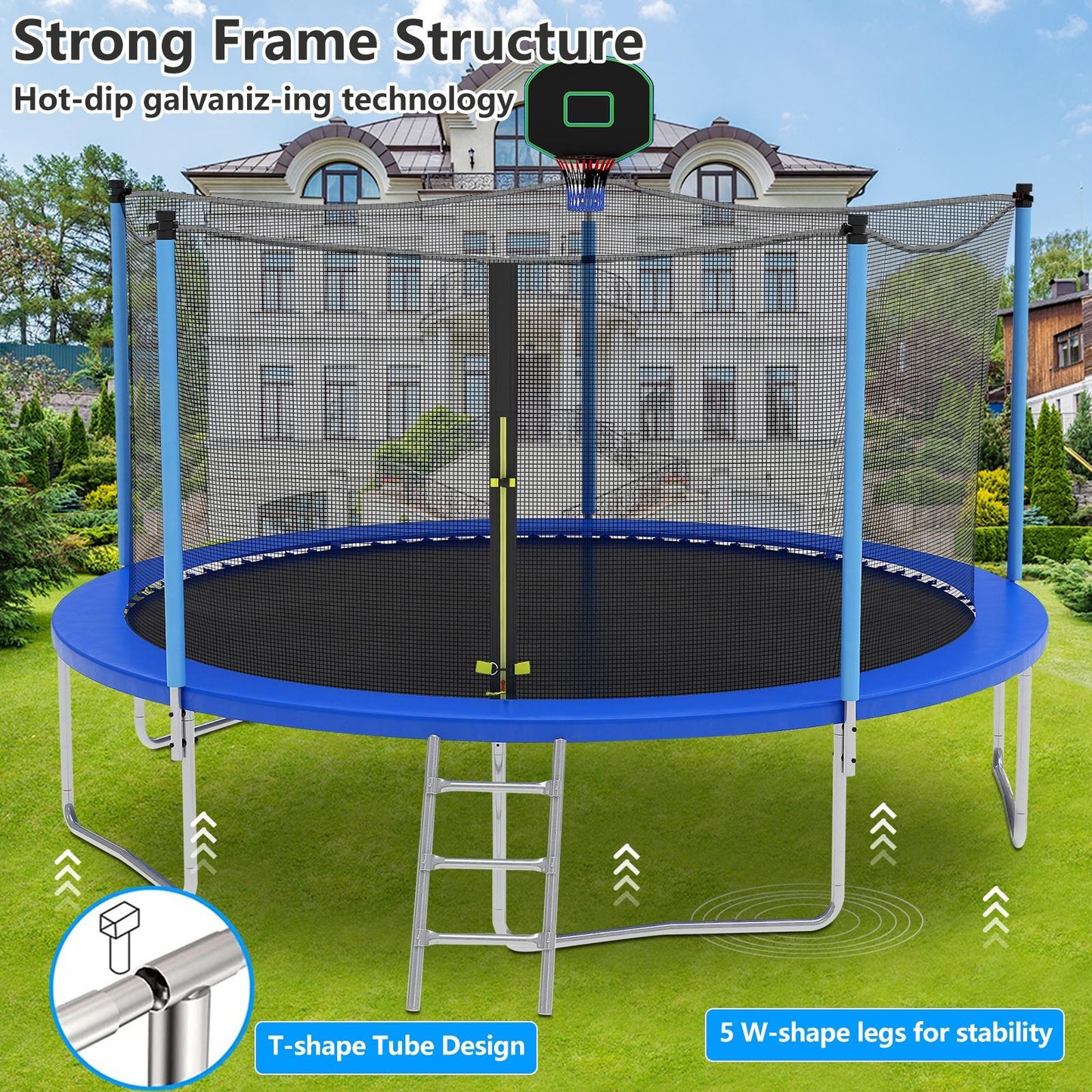 14FT Trampoline for Kids and Adults, SEGMART Upgraded Outdoor Trampoline with Basketball Hoop, Heavy-Duty Round Trampoline with Safety Enclosure Net and Ladder for Indoor Outdoor Backyard, Blue