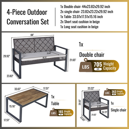 Outdoo Furniture Set, 4 Pieces Wicker Porch Conversation Set w/Cushions, All-weather Hollow Rattan Patio Sectional Sofa Set with Table