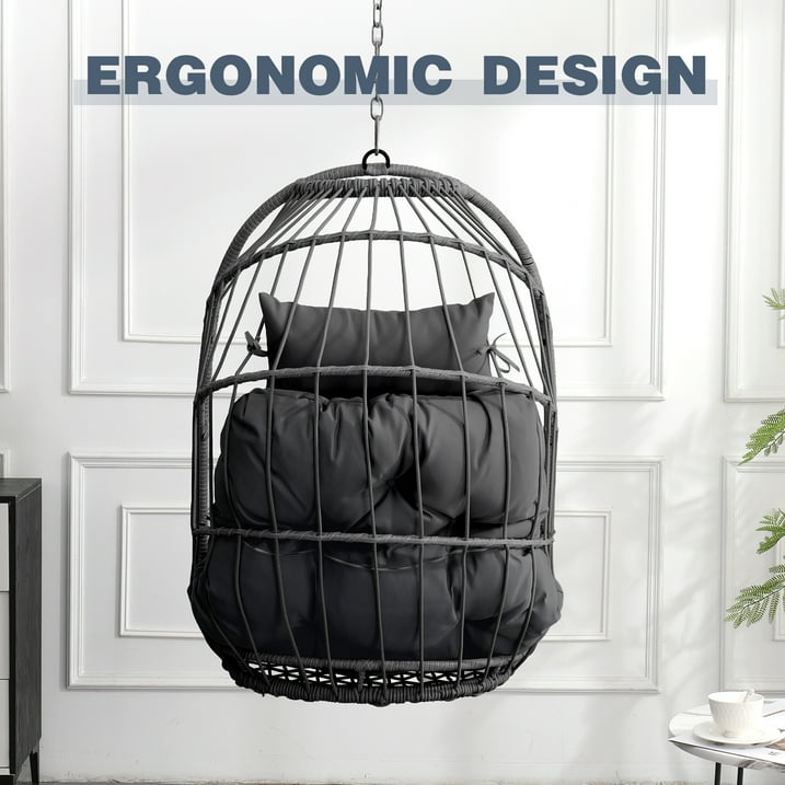 Patio Hammock Hanging Chair, Outdoor Wicker Swing Egg Chair with Stand and Cushion, 250LBS Capacity All-Weather UV Patio Rattan Lounge Chair for Patio, Deck, Yard, Garden, Beige, SS1880