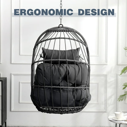 Patio Hammock Hanging Chair, Outdoor Wicker Swing Egg Chair with Stand and Cushion, 250LBS Capacity All-Weather UV Patio Rattan Lounge Chair for Patio, Deck, Yard, Garden, Beige, SS1880