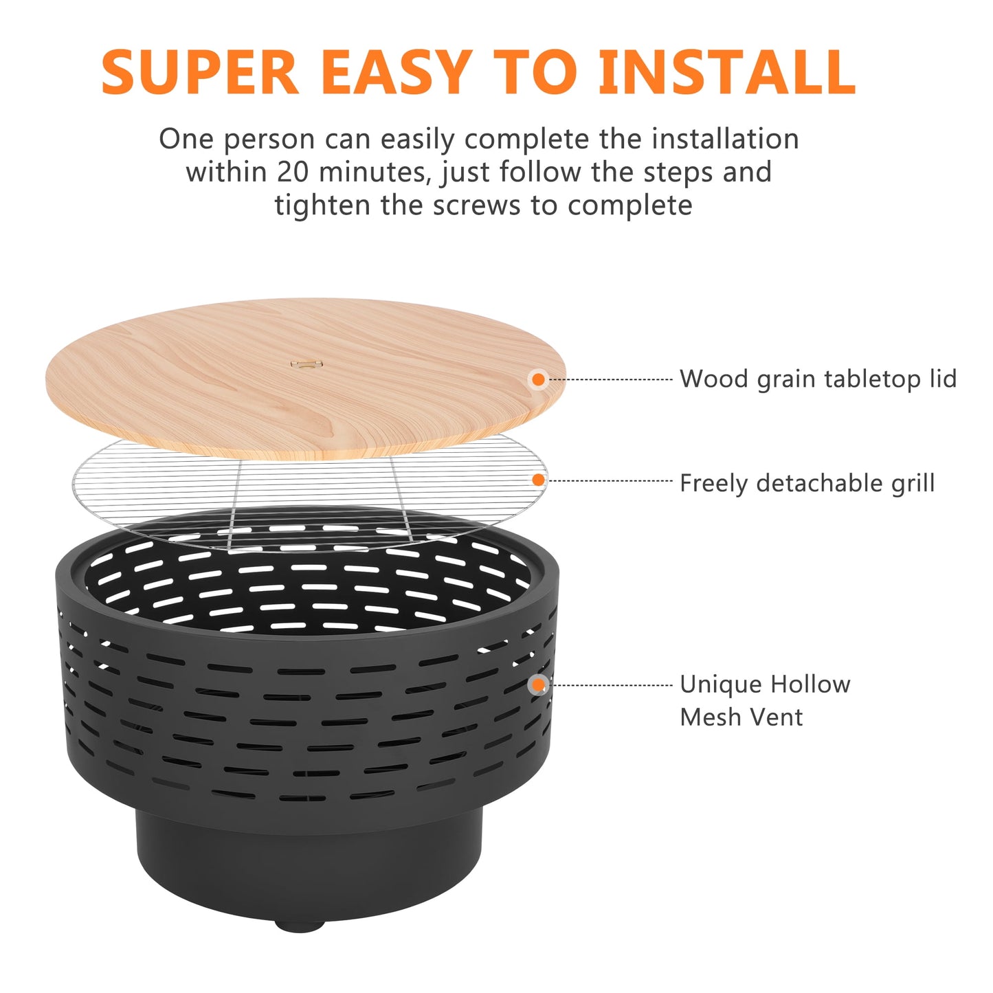 Segmart 26 inch Fire Pit with Grill & Lid, Firepits for Outside Wood Burning Fire Pit Table with Fire Poker, Ash Net,3 in 1 Outdoor Fire pits for Patio,BBQ, Bonfire, Camping, Backyard, Picnic