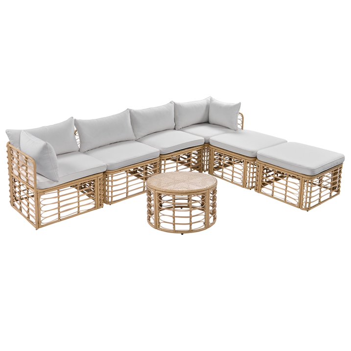 7 Pieces Patio Furniture Set, Wicker Sectional Table and Chairs Sets, Patio Conversation Set with Sectional Chaise Longue, Coffee Table, Suitable for Porch Backyard Garden, Gray