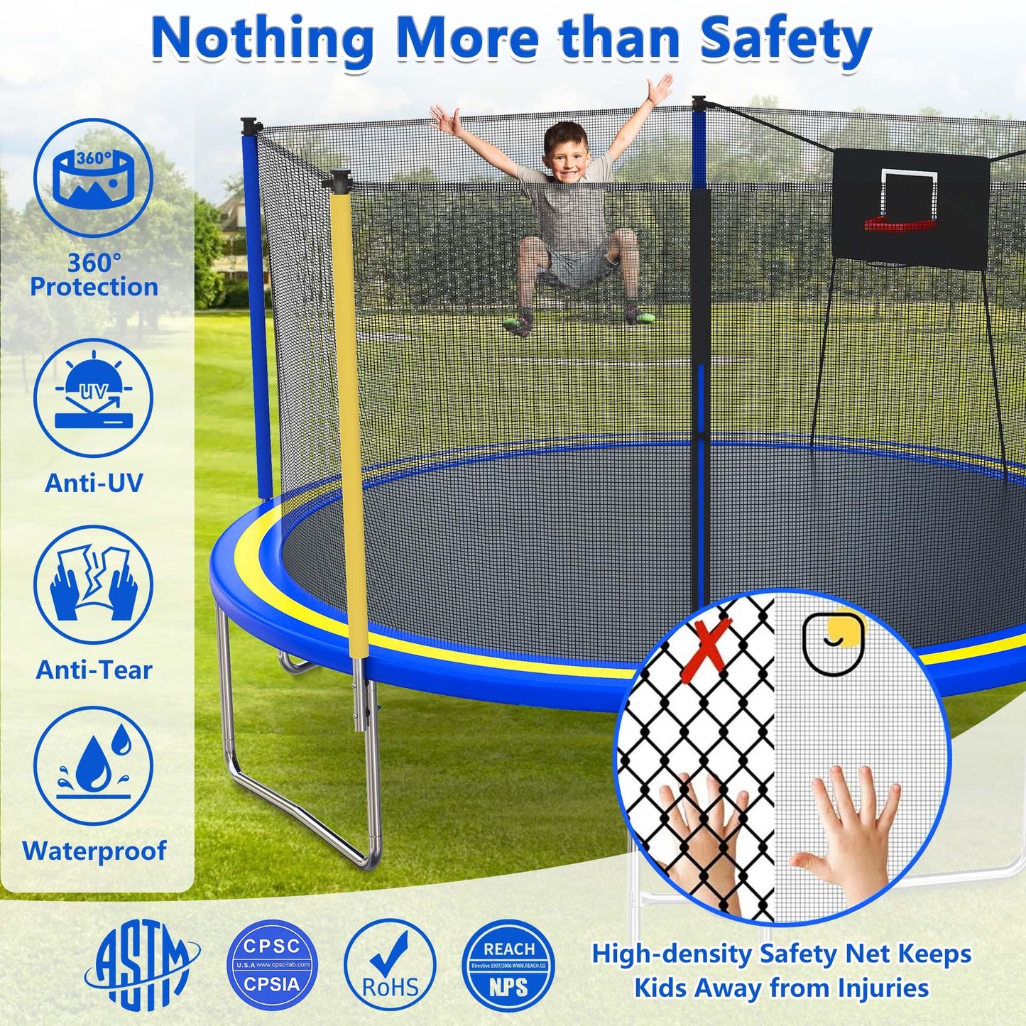 14ft Trampoline with Basketball Hoop, SEGMART Upgraded Round Kids Outdoor Trampoline with Enclosure, Heavy-Duty Backyard Trampoline for Adults and Kids, Blue