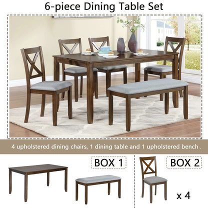 Wood Dining Table and Chair Set of 6, Dining Room Set for 6 Persons with Bench, Rectangular Kitchen Table with 4 Microfiber Padded Chairs Plus One Upholstered Bench, Farmhouse Kitchen Table Set