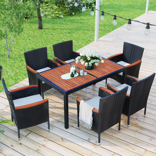 Wicker Patio Dining Set, 7PCS Outdoor Rattan Table & Chairs Set with Wooden Top & Padded Cushions, Deck Furniture Dining Table Set, Garden Porch Backyard Sectional Conversation Set