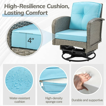 3-Piece Outdoor Swivel Rocker Chairs, 360° Patio Rattan Wicker Swivel Rocking Chair Set with Thickened Cushions and Glass Coffee Table, Max Weight 360 LBS, Light Blue