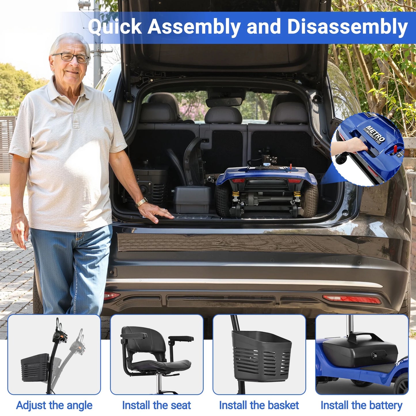 Segmart 4-Wheel Mobility Scooter for Seniors, 300W Foldable Electric Scooter with USB & LED Light, 14-Mile Range, 300 lb Capacity, UL Certified, Blue