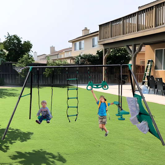 6 in 1 Swing Sets for Outside, Backyard Swing Sets for Kids, Segmart 550 lbs Heavy Duty Swing Set with Basket, Swing Glider, Climbing Ladder, Soccer Goals, Monkey Bars and Swing for kids Age 8-12