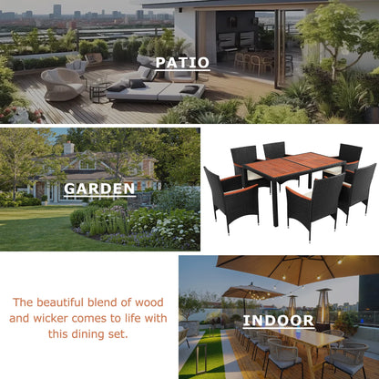 SEGMART Wicker Patio Dining Set, 7PCS Outdoor Rattan Table & Chairs Set with Acacia Wood Top & Cushions, Deck Furniture Dining Table Set, Garden Porch Backyard Sectional Conversation Set