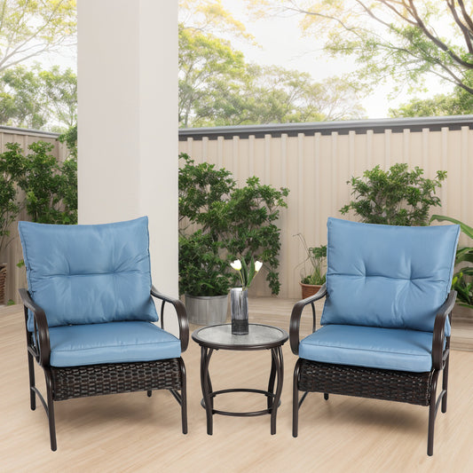 Segmart 3-piece Patio Set , outdoor wicker furniture combination,With cushion，2 comfortable rattan chairs and coffee table, blue