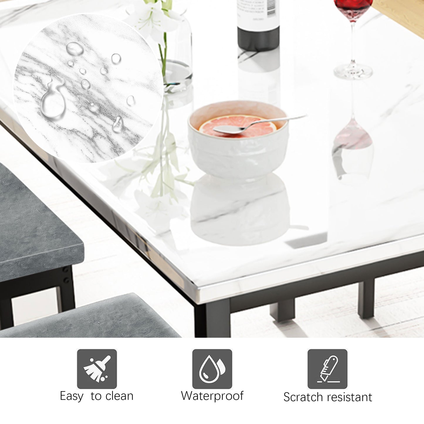 Kitchen Table and 4 Chairs Set, Metal Kitchen Table Sets Faux Marble Rectangular Breakfast Table w/Metal Legs & Black Finish Frame, Dining Table Sets for an Apartment Breakfast, Grey, SS1318
