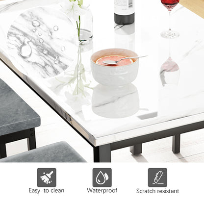 Kitchen Table and 4 Chairs Set, Metal Kitchen Table Sets Faux Marble Rectangular Breakfast Table w/Metal Legs & Black Finish Frame, Dining Table Sets for an Apartment Breakfast, Grey, SS1318