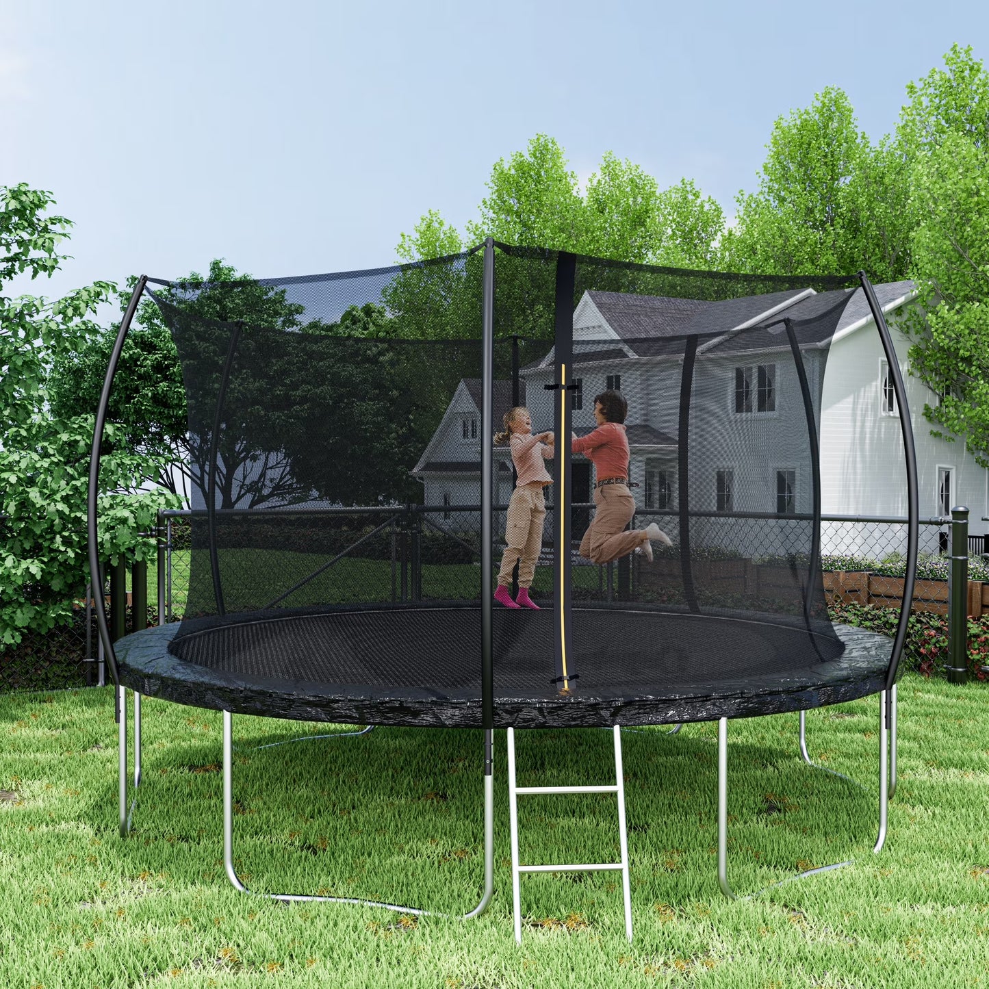 14FT Trampoline with Enclosure for Kids Adults, SEGMART Outdoor Pumpkin Round Recreational Trampoline with No-Gap Design, Heavy Duty Backyard Trampoline with Ladder, Spring Pading for Indoor Outdoor