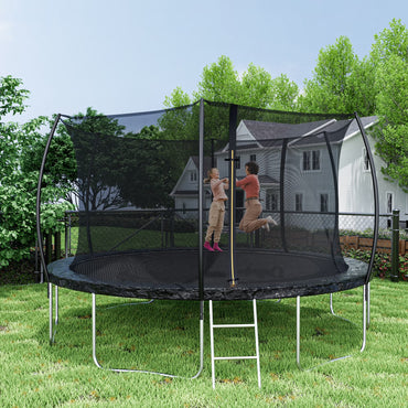 14FT Trampoline with Enclosure for Kids Adults, SEGMART Outdoor Pumpkin Round Recreational Trampoline with No-Gap Design, Heavy Duty Backyard Trampoline with Ladder, Spring Pading for Indoor Outdoor