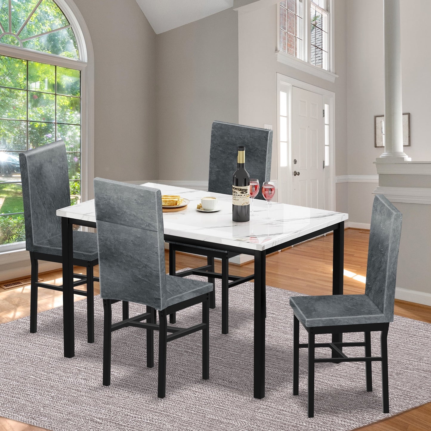 Kitchen Table and 4 Chairs Set, Metal Kitchen Table Sets Faux Marble Rectangular Breakfast Table w/Metal Legs & Black Finish Frame, Dining Table Sets for an Apartment Breakfast, Grey, SS1318