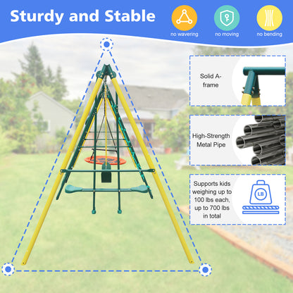 Swing Sets for Backyard, 6 in 1 Swing Set for Outside, Segmart Heavy Duty A-Frame Metal Swing Set with Climbing Ladder and Nets, Saucer Swing, Belt Swing, Basketball Hoop, Wavy Slide