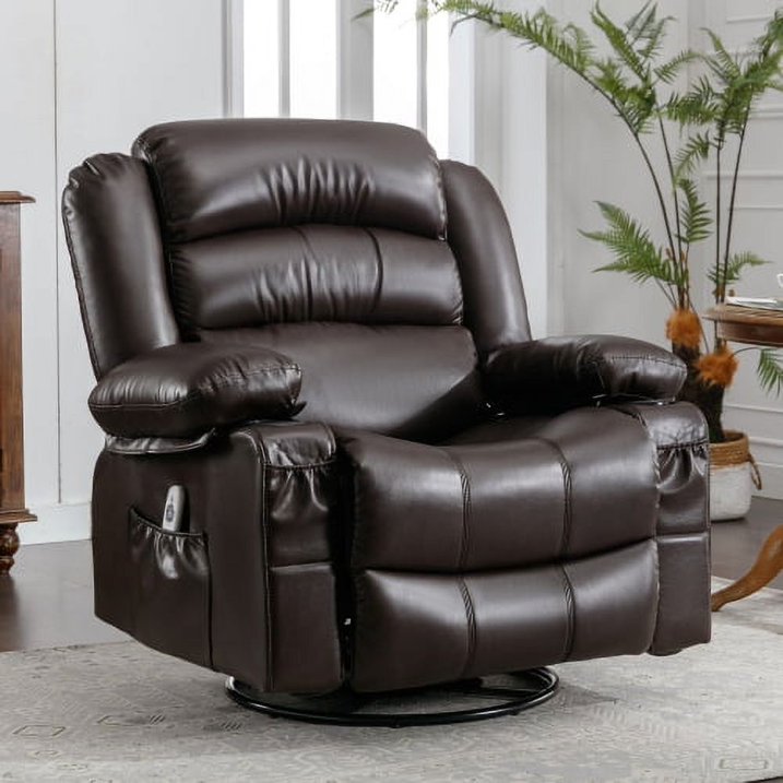 Segmart 360° Swivel Massage Recliner Chairs with Remote Control, PU Leather 8-Point Vibration Massage Recliner Chair with USB Charger, Cup Holders Bread-Type Handrail & Padded Seat Backrest, Brown