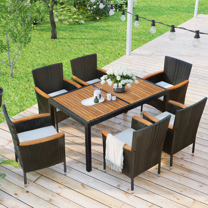 Wicker Patio Dining Set, 7PCS Outdoor Rattan Table & Chairs Set with Wooden Top & Padded Cushions, Deck Furniture Dining Table Set, Garden Porch Backyard Sectional Conversation Set
