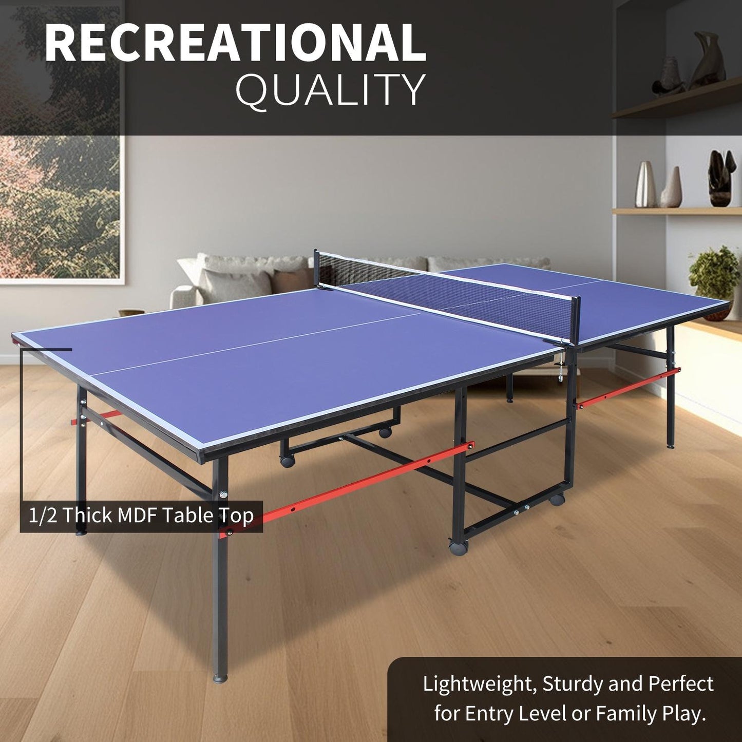 8ft Midsize Outdoor Ping Pong Table Set, SEGMART Foldable Tennis Table with Net, 2 Ping Pong Paddles, 3 Balls for Adults and Kids, Portable Table for Indoor Outdoor Game, Blue