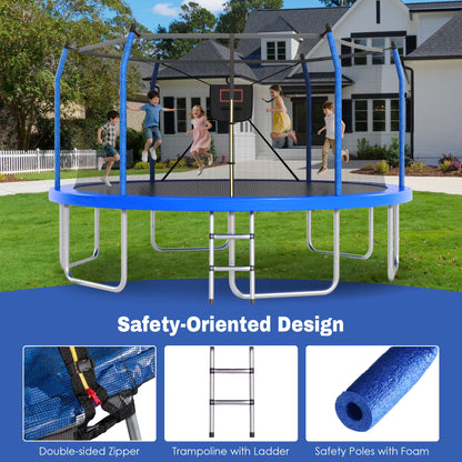 14FT Trampoline with Enclosure for Kids and Adults, SEGMART Upgraded Kids Recreational Outdoor Trampoline with Basketball Hoop, Ladder, Heavy Duty Round Backyard Trampoline for Indoor Outdoor