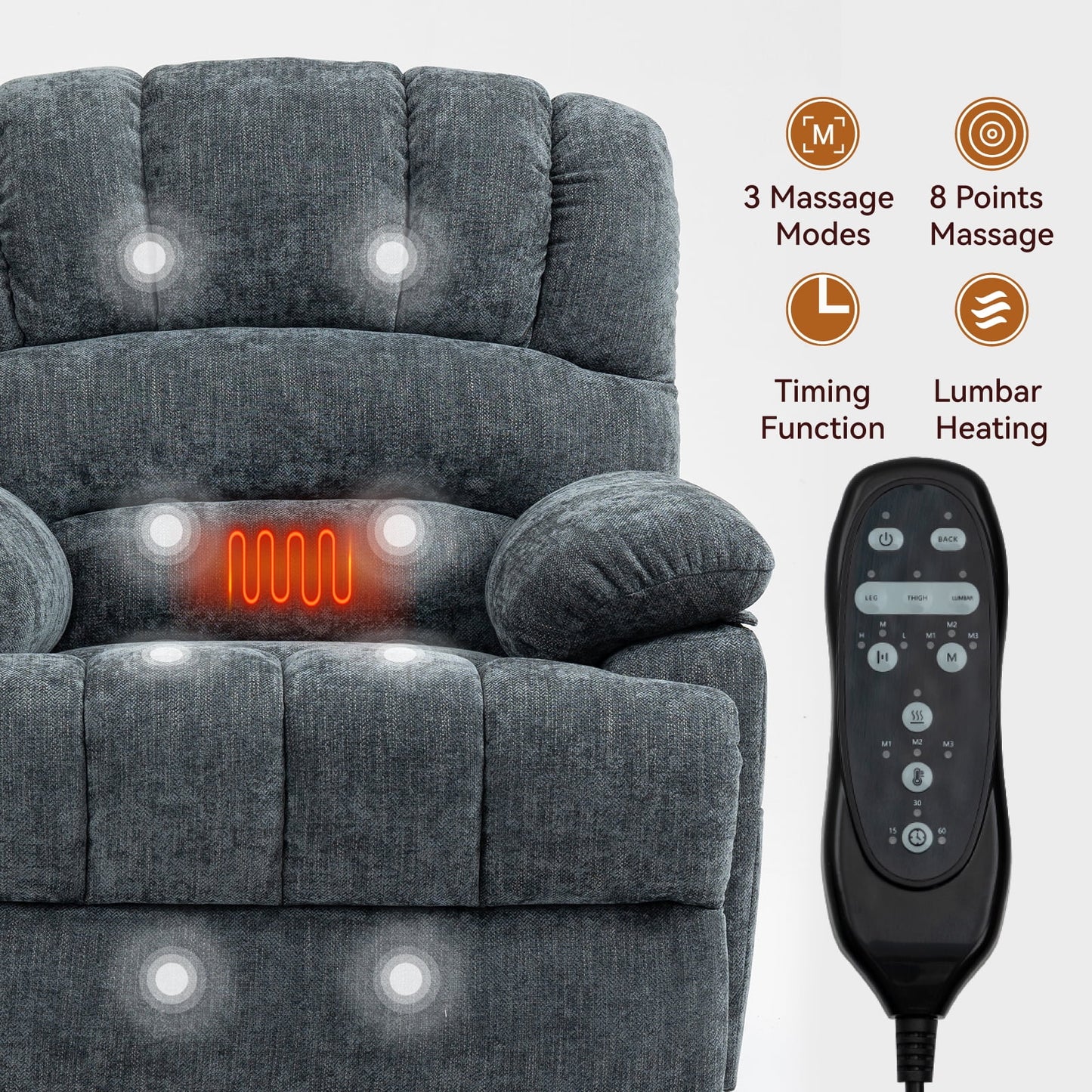 Extra Wide Power Lift Recliner Chair for Elderly, Oversized Chenille Lift Chair with 8-Point Massage & Lumbar Heat, USB Charging Port, Side Pockets, 350 lbs Capacity