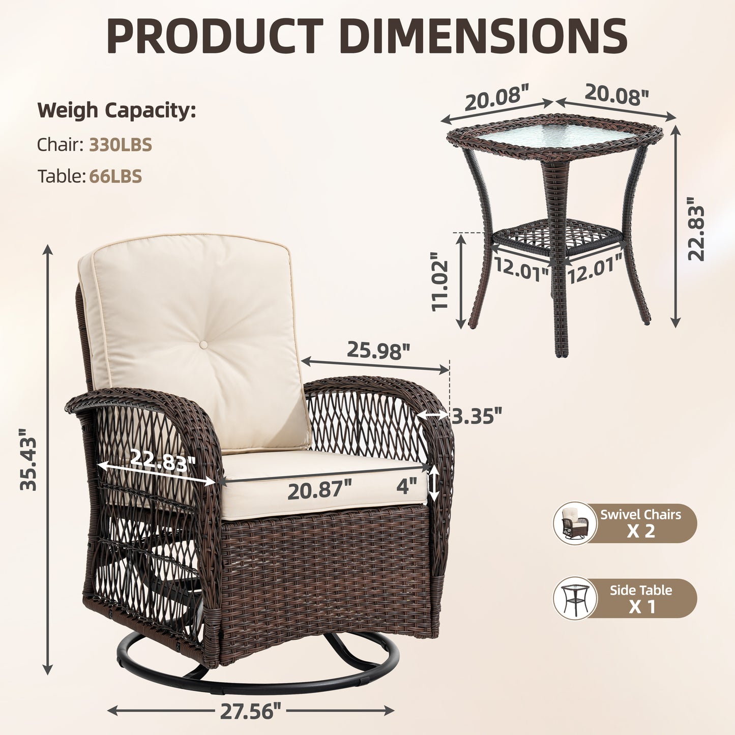 Patio Swivel Rocker Bistro Set, 3 Piece 360° Rocking Patio Conversation Set with Thickened Cushions, 2 Patio Swivel Rocking Chairs with 1 Glass Top Table, for Garden Yard Balcony Pool Cafe (Gray)