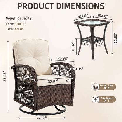Patio Swivel Rocker Bistro Set, 3 Piece 360° Rocking Patio Conversation Set with Thickened Cushions, 2 Patio Swivel Rocking Chairs with 1 Glass Top Table, for Garden Yard Balcony Pool Cafe (Gray)