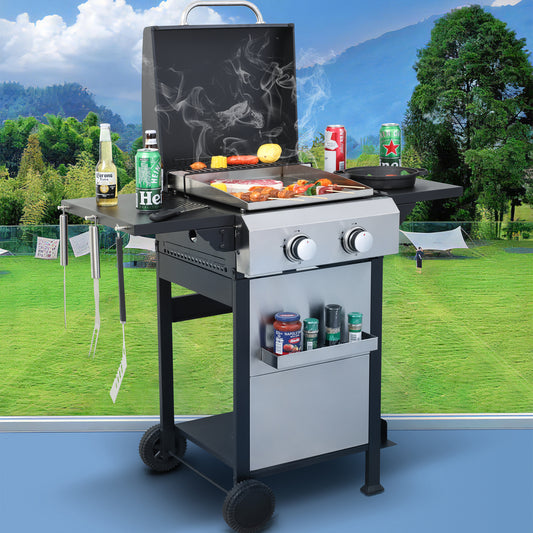 2 Burner Propane Gas Grill and Griddle Combo, Propane BBQ Grill with Foldable Side Table, Hanging Basket, and Tool Hooks for Backyard Camping Cooking, 2 in 1, 24,600BTU Output